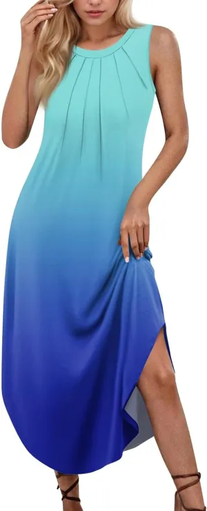 BAXLIMEK Sundresses for Women,2025 Spring Summer Casual Crewneck Sleeveless Maxi Dress,Flowy Side Slit Curved Hem Beach Dress
