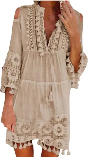 Beach Dresses for Women Vacation Floral Shirt Beach Cover Up Dress 3/4 Sleeve Boho Tassel Tie Neck Dresses Sundresses
