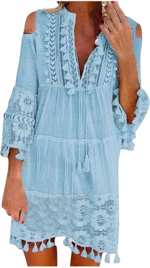 Beach Dresses for Women Vacation Floral Shirt Beach Cover Up Dress 3/4 Sleeve Boho Tassel Tie Neck Dresses Sundresses