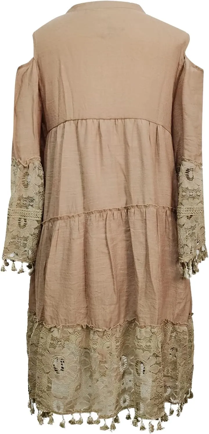 Beach Dresses for Women Vacation Floral Shirt Beach Cover Up Dress 3/4 Sleeve Boho Tassel Tie Neck Dresses Sundresses