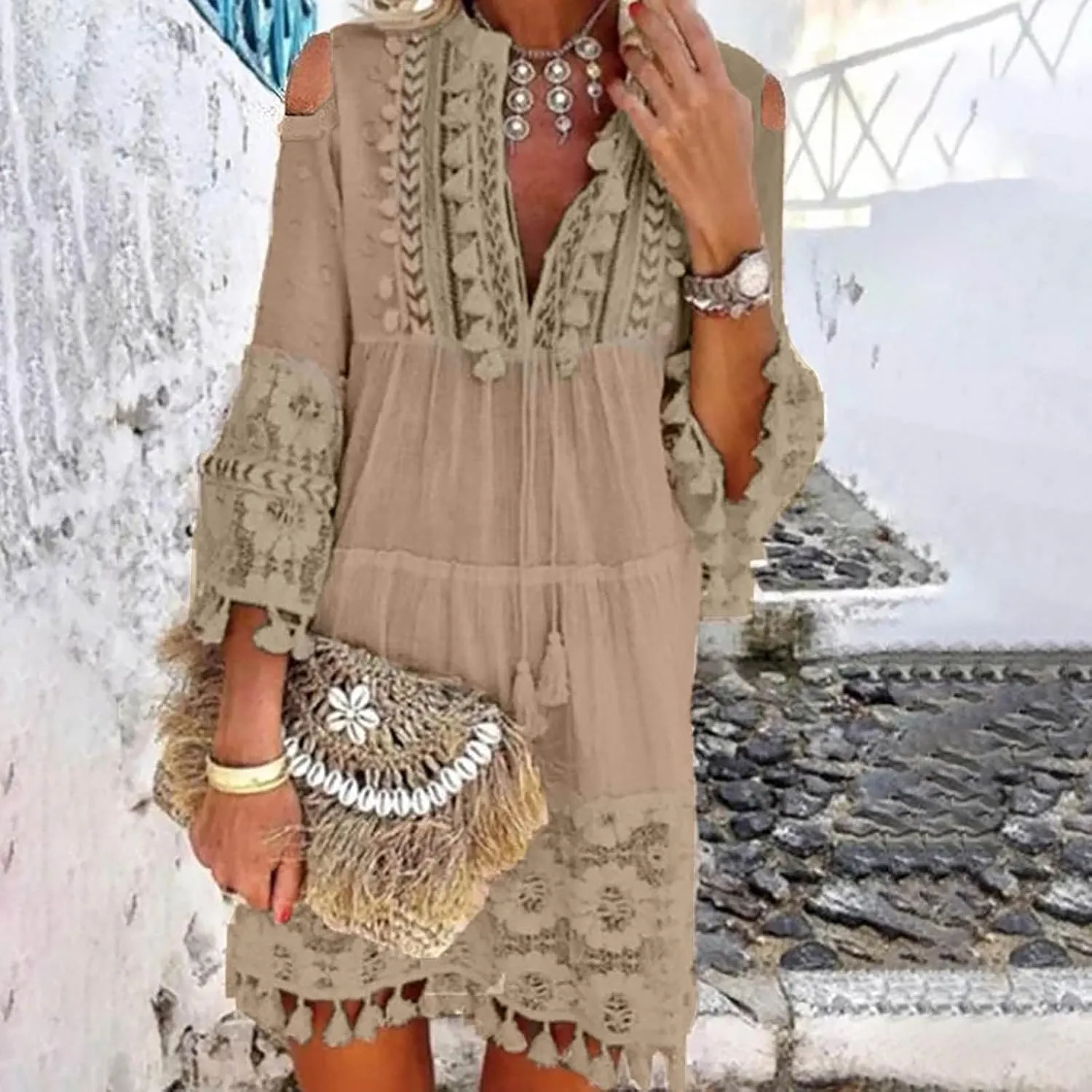 Beach Dresses for Women Vacation Floral Shirt Beach Cover Up Dress 3/4 Sleeve Boho Tassel Tie Neck Dresses Sundresses