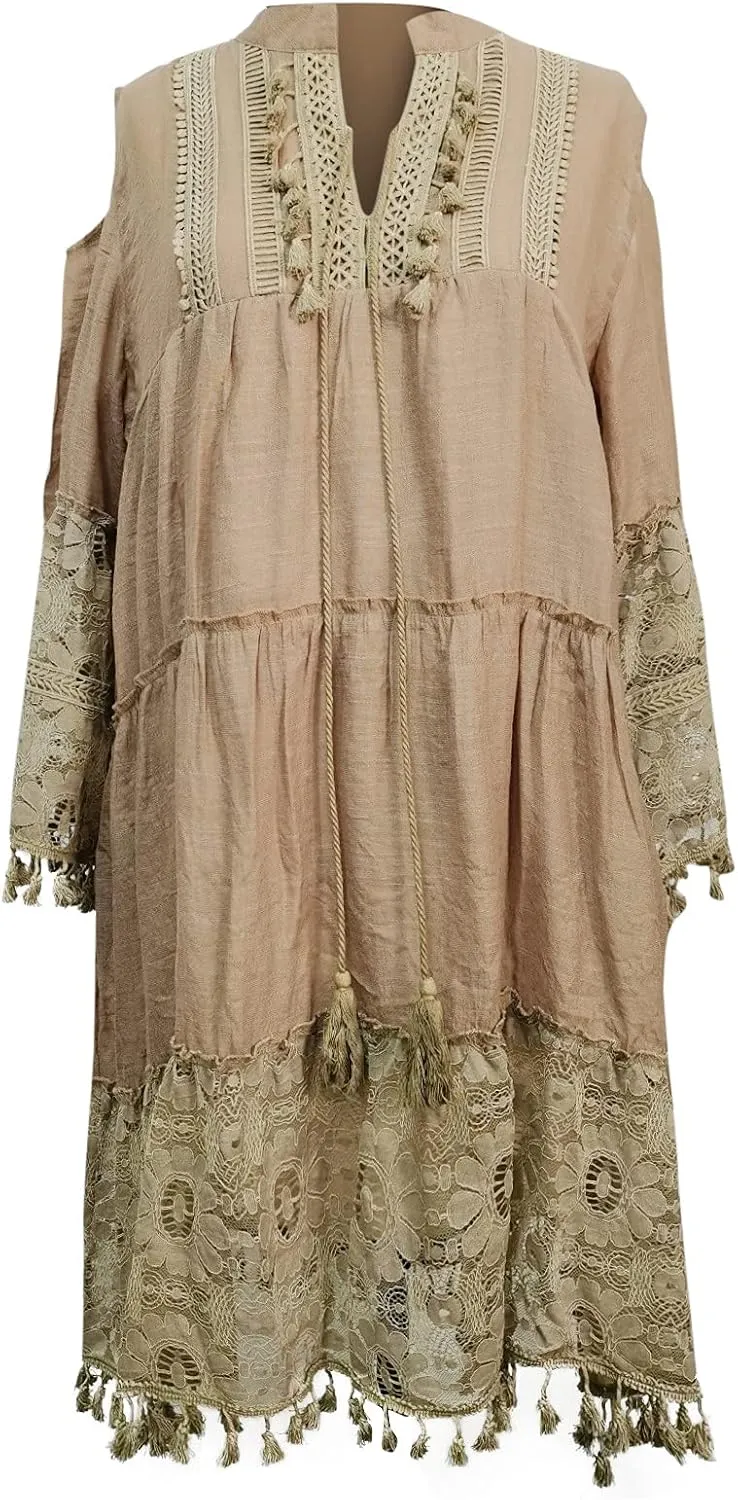 Beach Dresses for Women Vacation Floral Shirt Beach Cover Up Dress 3/4 Sleeve Boho Tassel Tie Neck Dresses Sundresses