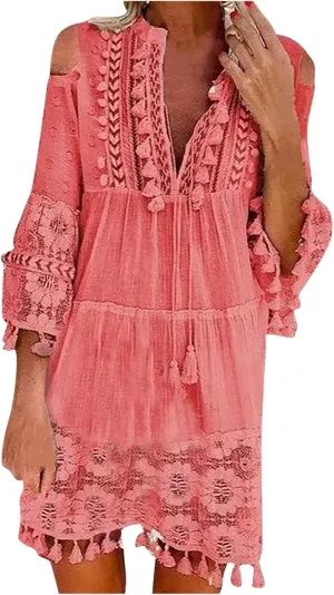 Beach Dresses for Women Vacation Floral Shirt Beach Cover Up Dress 3/4 Sleeve Boho Tassel Tie Neck Dresses Sundresses
