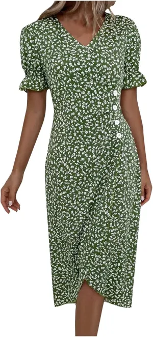 Beach Dresses for Women,2025 Summer Trendy Elegant V Neck Floral Boho Dress,Flowy Ruched Hawaiian Maxi Dress