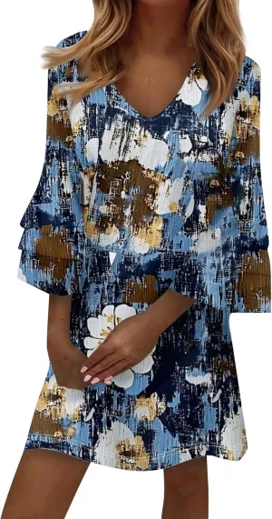 Beach Dresses for Women,2025 Summer Trendy Floral Print Boho Dress,Casual Loose V Neck Bell 3/4 Sleeve Mini Dress