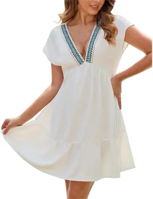 Beach Vacation Clothes for Women Fashion Casual V-Neck Ruffle Short Sleeve Dresses Beach A-Line Mini Dress Sundress