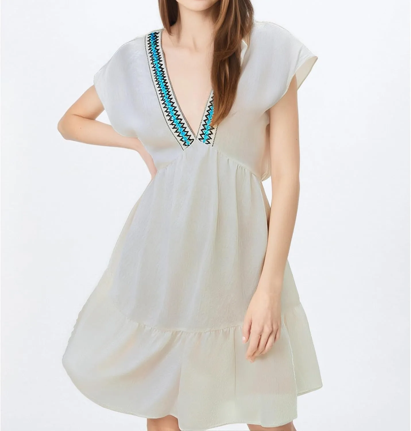 Beach Vacation Clothes for Women Fashion Casual V-Neck Ruffle Short Sleeve Dresses Beach A-Line Mini Dress Sundress