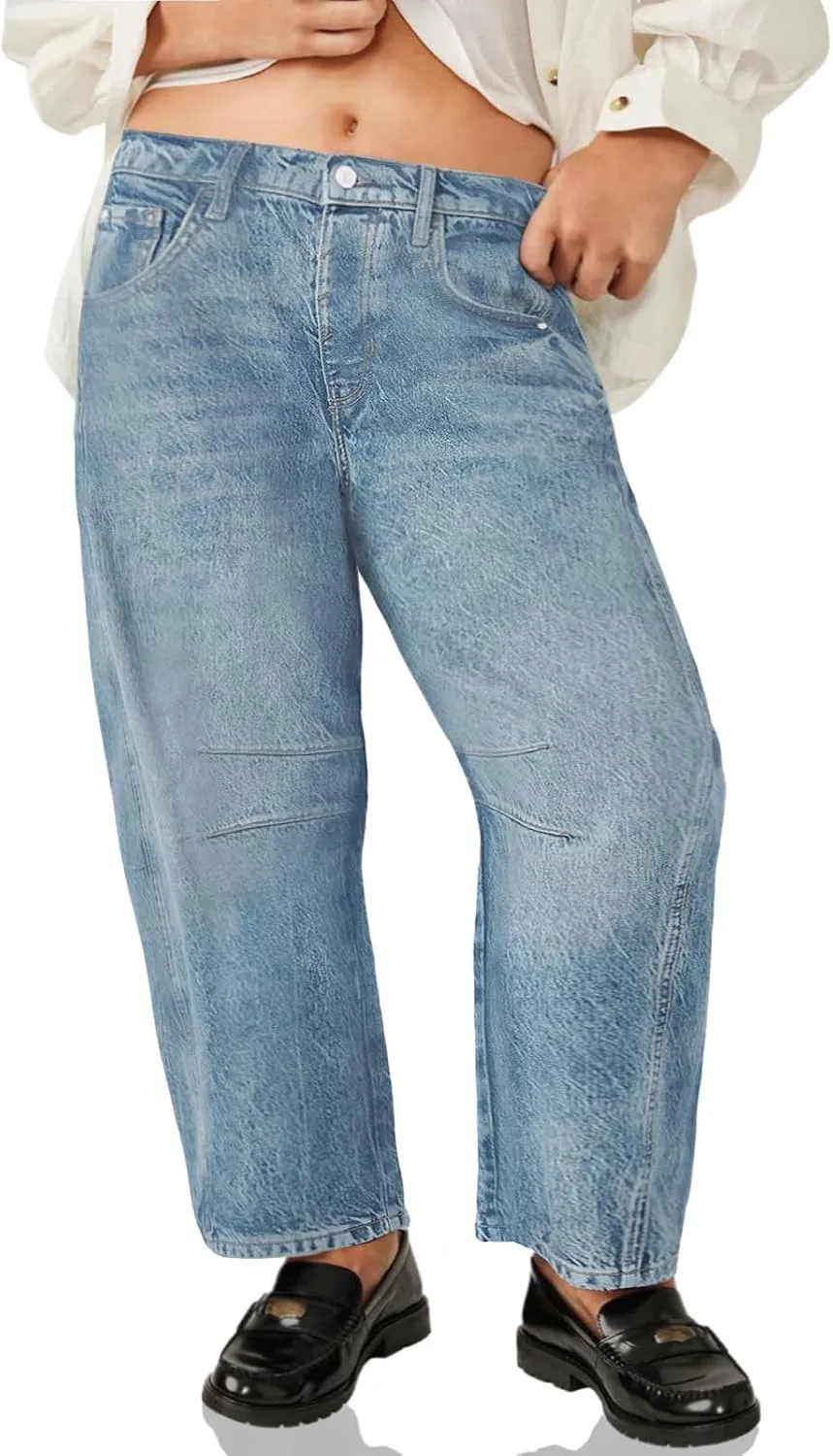 Beautife Womens Plus Size Barrel Jeans Baggy Boyfriend Mid Rise Wide Leg Cropped Ankle Horseshoe Denim Pants