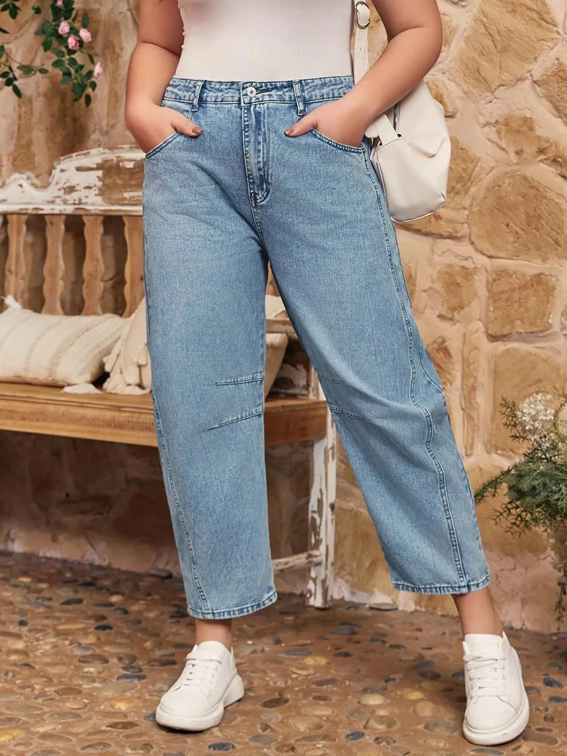 Beautife Womens Plus Size Barrel Jeans Baggy Boyfriend Mid Rise Wide Leg Cropped Ankle Horseshoe Denim Pants