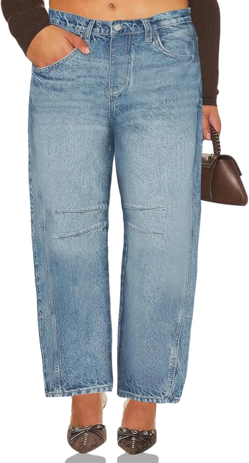 Beautife Womens Plus Size Barrel Jeans Baggy Boyfriend Mid Rise Wide Leg Cropped Ankle Horseshoe Denim Pants