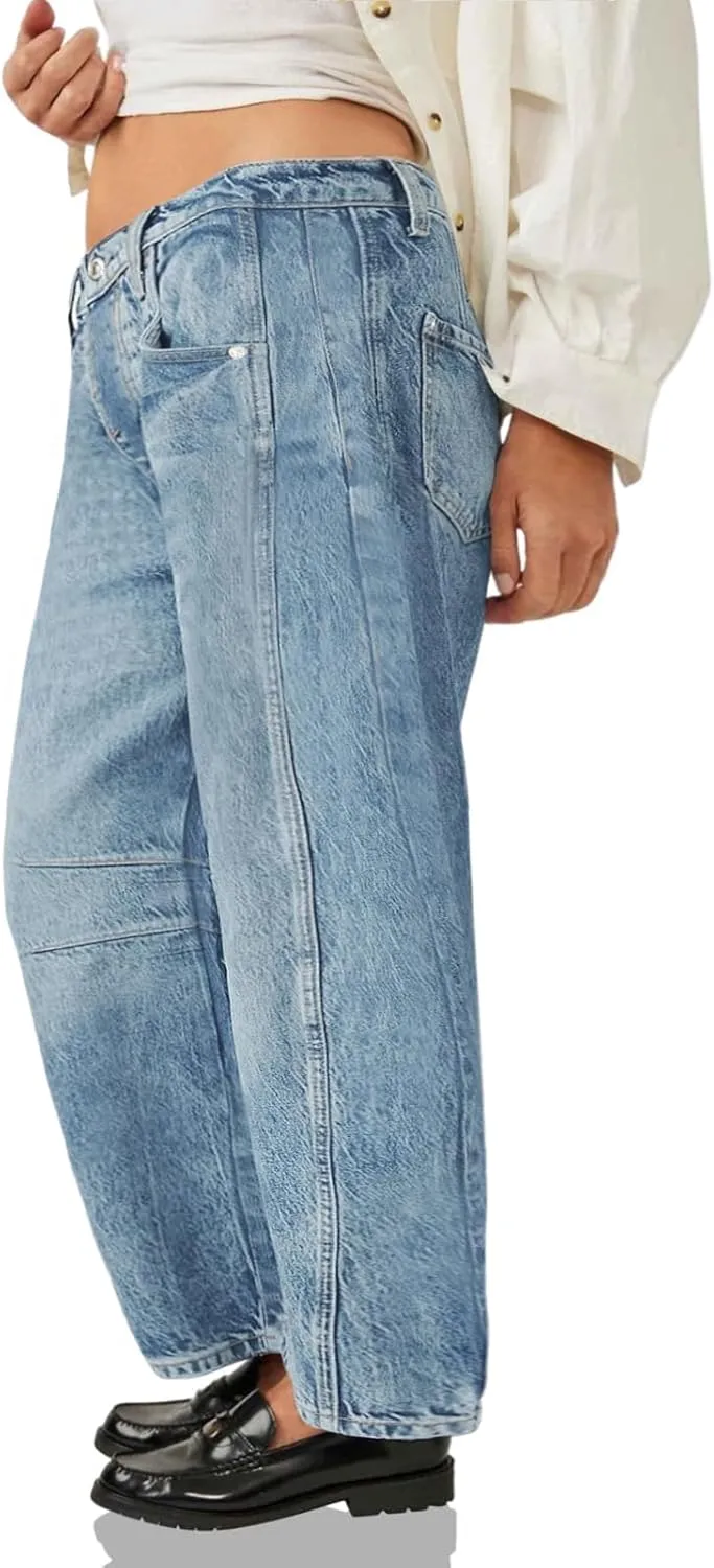 Beautife Womens Plus Size Barrel Jeans Baggy Boyfriend Mid Rise Wide Leg Cropped Ankle Horseshoe Denim Pants