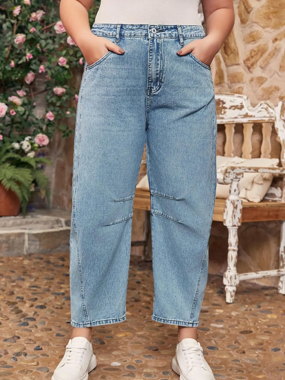 Beautife Womens Plus Size Barrel Jeans Baggy Boyfriend Mid Rise Wide Leg Cropped Ankle Horseshoe Denim Pants