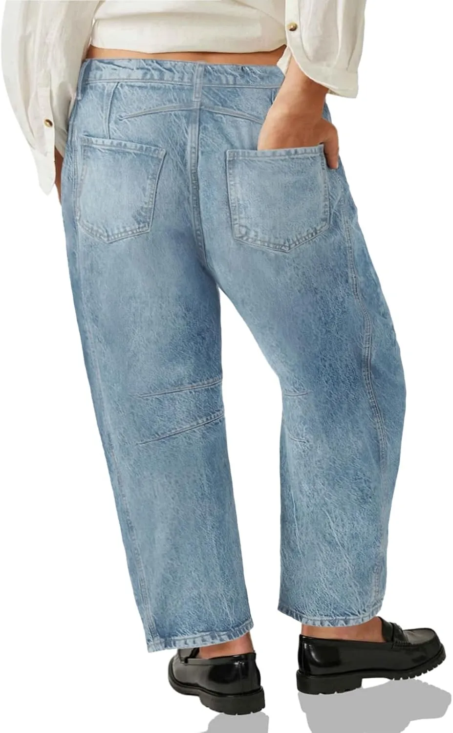 Beautife Womens Plus Size Barrel Jeans Baggy Boyfriend Mid Rise Wide Leg Cropped Ankle Horseshoe Denim Pants