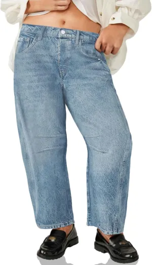 Beautife Womens Plus Size Barrel Jeans Baggy Boyfriend Mid Rise Wide Leg Cropped Ankle Horseshoe Denim Pants