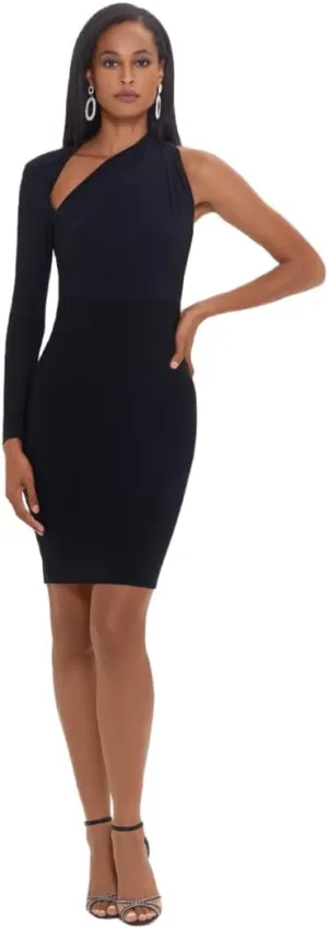 Betsy & Adam Men's Women's Modern Elegance Asymmetrical Single Sleeve Dress with Thigh Slit