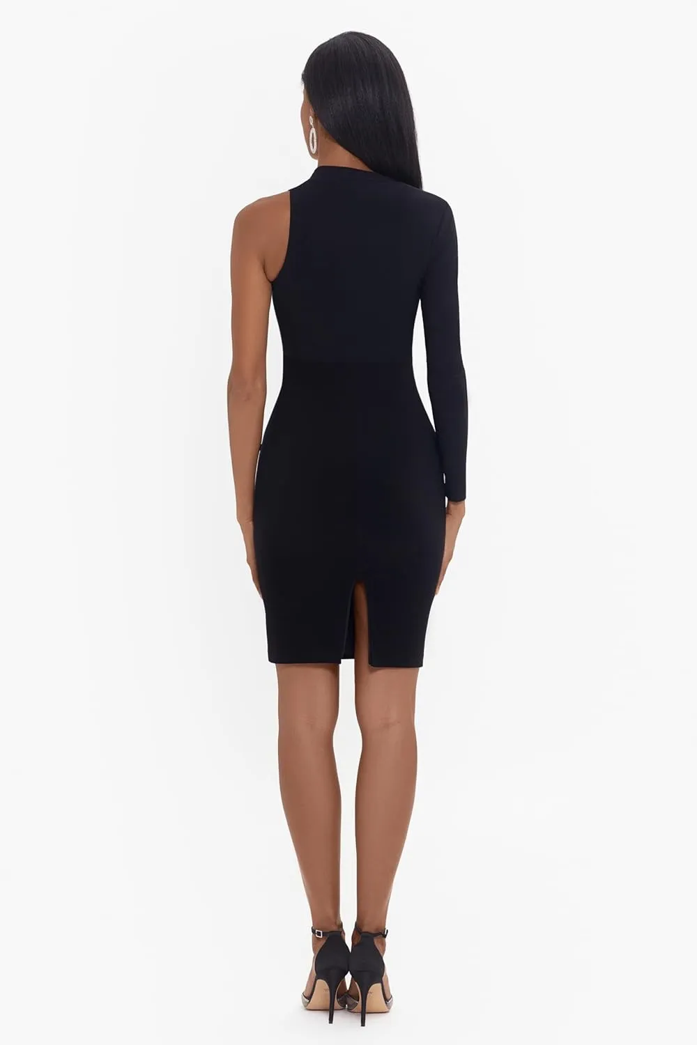 Betsy & Adam Men's Women's Modern Elegance Asymmetrical Single Sleeve Dress with Thigh Slit