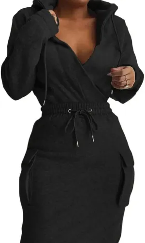 BIRW Hoodie Dress for Women 2025 Slim Casual Long Sleeve High Waist Drawstring Pullover Bodycon Sweatshirt Dresses