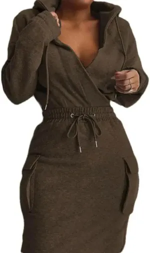 BIRW Hoodie Dress for Women 2025 Slim Casual Long Sleeve High Waist Drawstring Pullover Bodycon Sweatshirt Dresses
