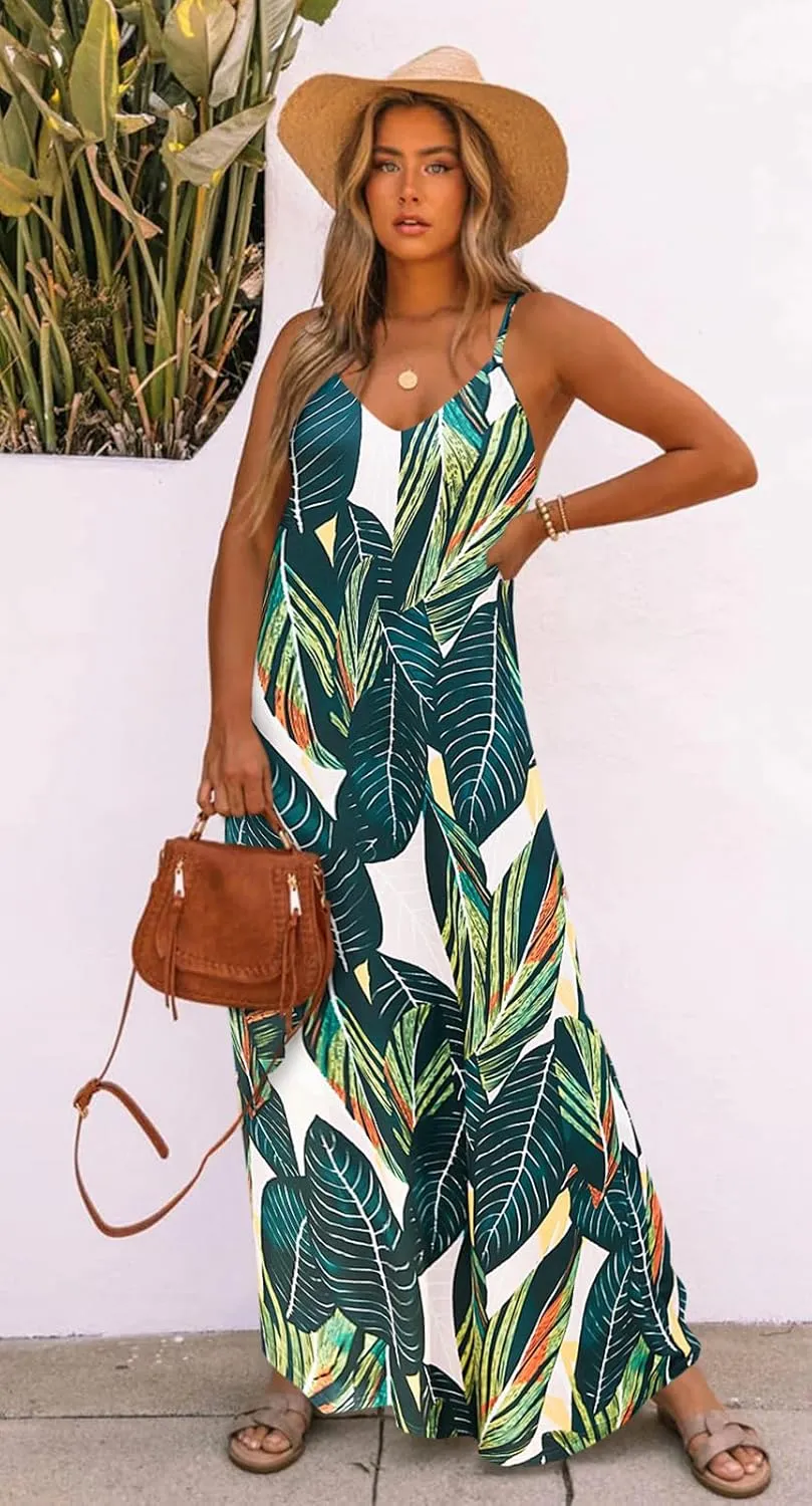 Bluetime Women Summer Spaghetti Strap Maxi Dress V-Neck Sleeveless Flowy Boho Floral Beach Long Dress with Pockets
