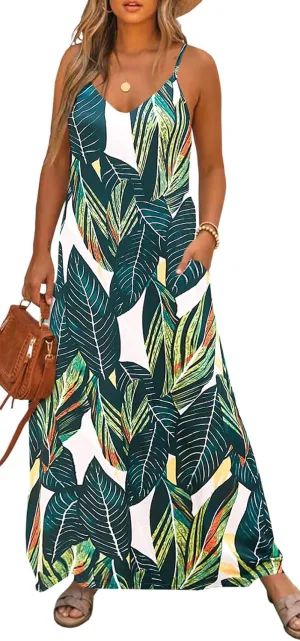 Bluetime Women Summer Spaghetti Strap Maxi Dress V-Neck Sleeveless Flowy Boho Floral Beach Long Dress with Pockets