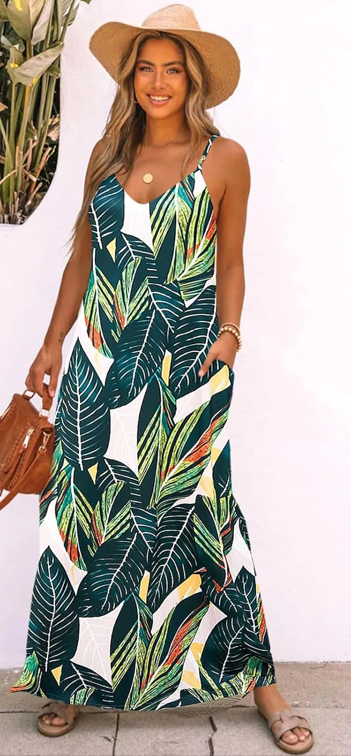 Bluetime Women Summer Spaghetti Strap Maxi Dress V-Neck Sleeveless Flowy Boho Floral Beach Long Dress with Pockets