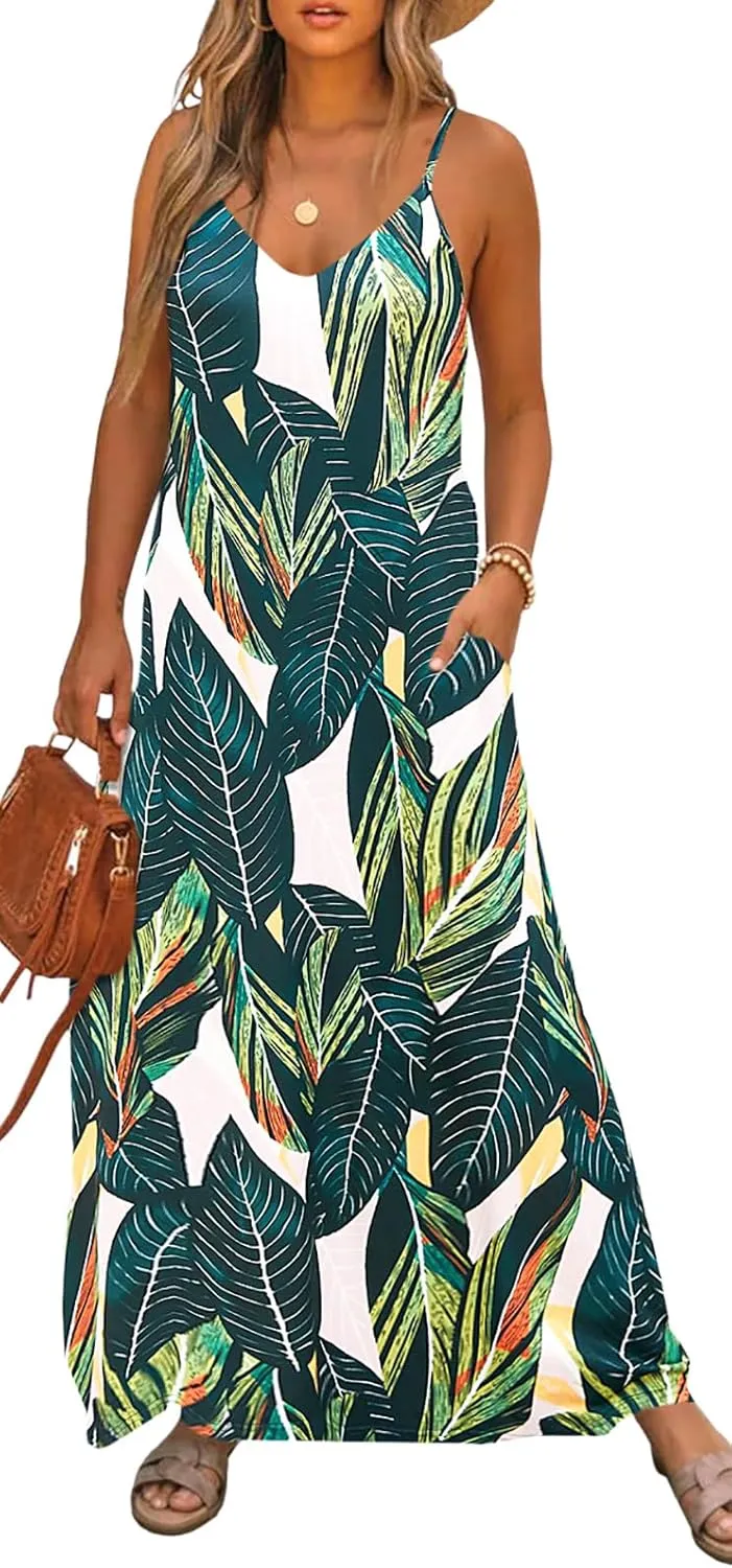 Bluetime Women Summer Spaghetti Strap Maxi Dress V-Neck Sleeveless Flowy Boho Floral Beach Long Dress with Pockets