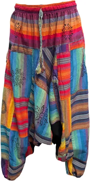 Bohemian Harem Pants, Rainbow Striped Pattern with Sun Motifs, Drawstring Waist, Unisex
