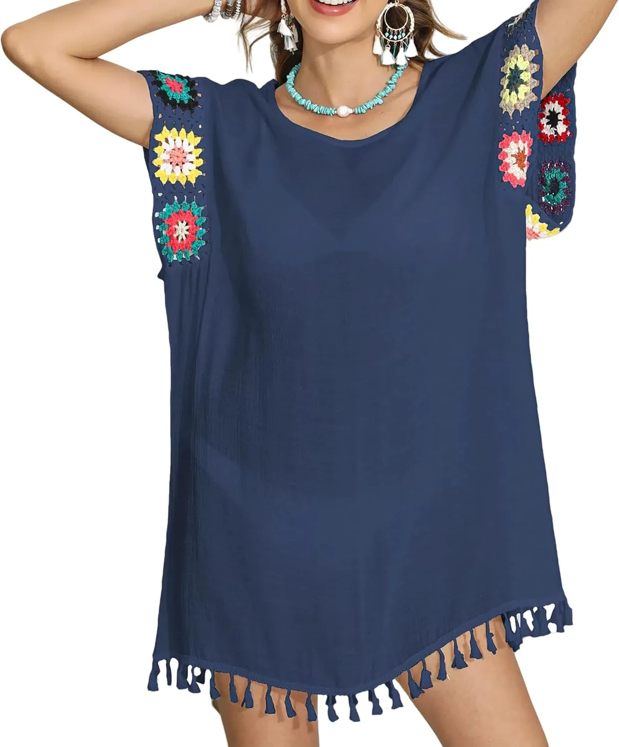 Bohemian Summer Dress for Women Boho Short Dress Floral Short Sleeve Sundress Casual Loose Tassel Beach Dress