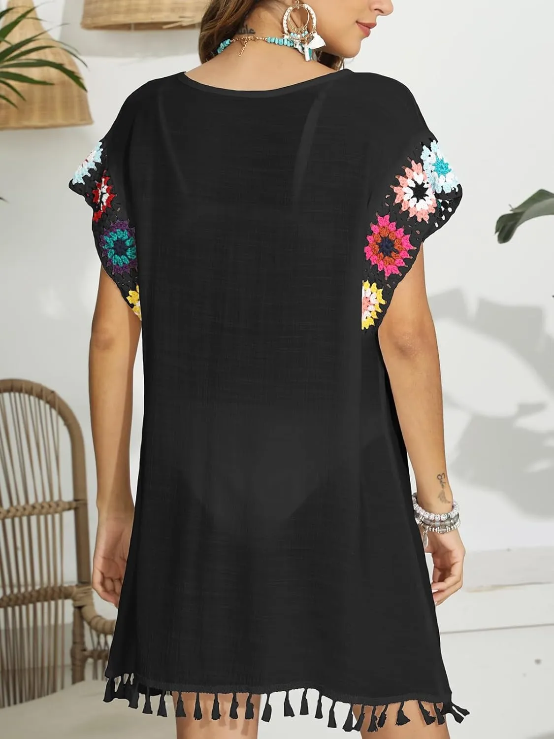 Bohemian Summer Dress for Women Boho Short Dress Floral Short Sleeve Sundress Casual Loose Tassel Beach Dress