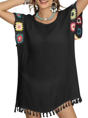 Bohemian Summer Dress for Women Boho Short Dress Floral Short Sleeve Sundress Casual Loose Tassel Beach Dress