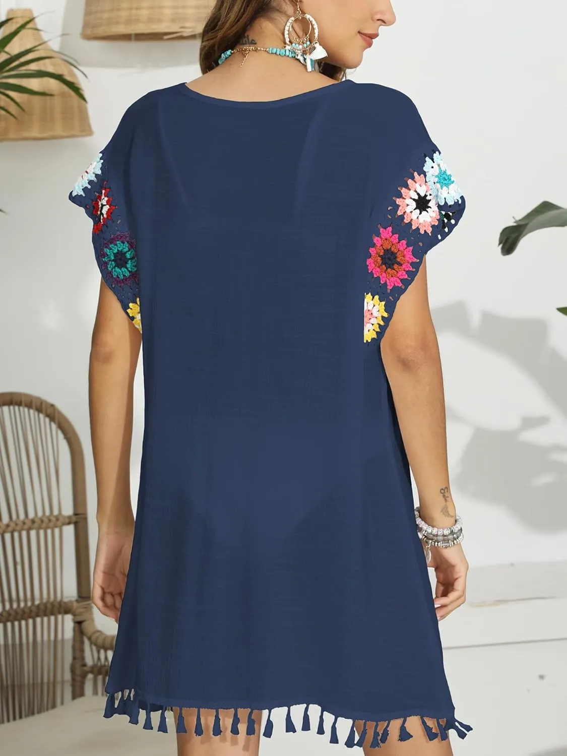 Bohemian Summer Dress for Women Boho Short Dress Floral Short Sleeve Sundress Casual Loose Tassel Beach Dress