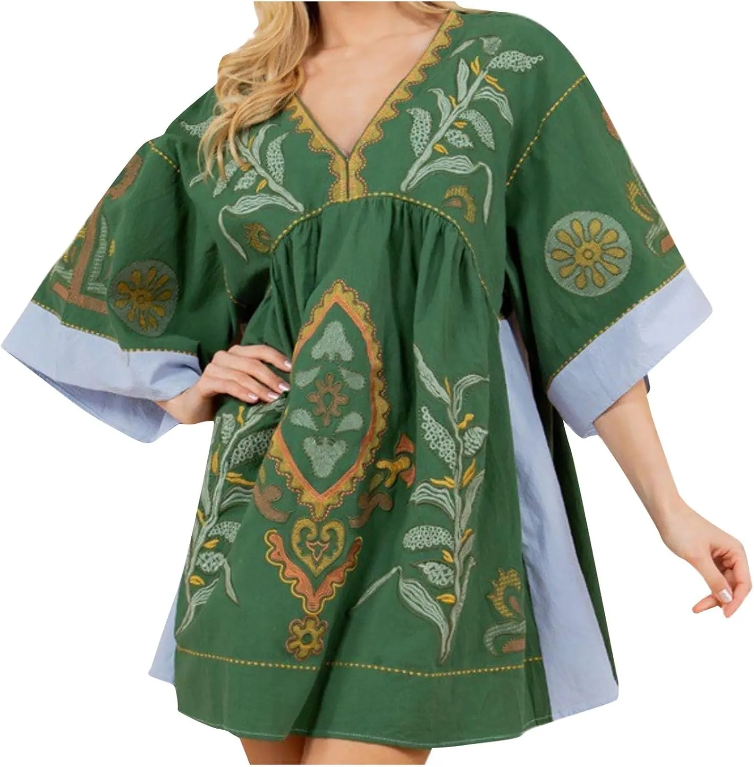 Boho Dresses for Women 2024 Fashion 3/4 Sleeve V Neck Bohemian Dress Causal Floral Print Pleated Oversized Mini Dress