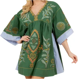 Boho Dresses for Women 2024 Fashion 3/4 Sleeve V Neck Bohemian Dress Causal Floral Print Pleated Oversized Mini Dress