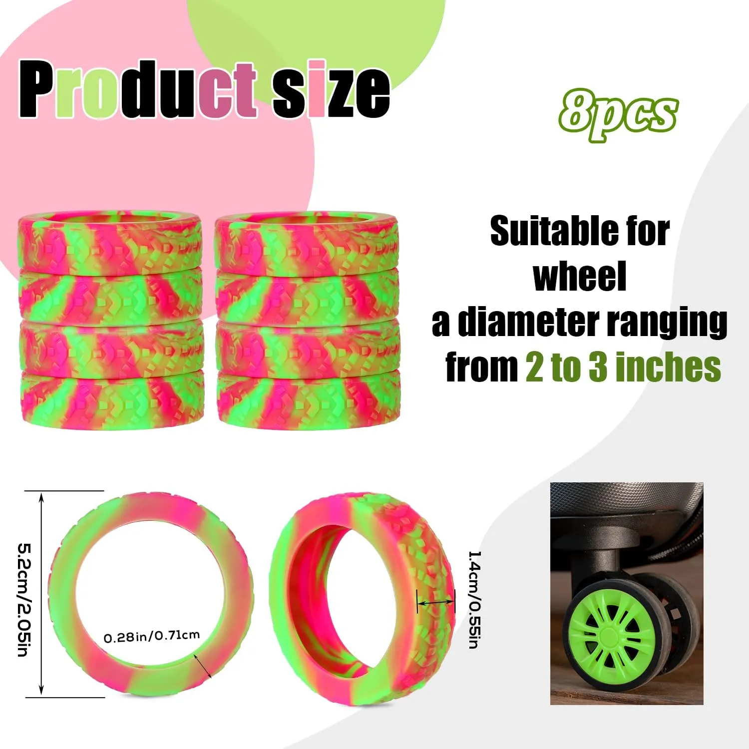BOXOB 8pcs Luggage Wheel Covers, Thickened Suitcase Wheel Protector Covers Dopamine Silicone Luggage Spinner Wheel Covers Luggage Wheel Accessories for Most 8 Caster Luggage (Rose Red Green)