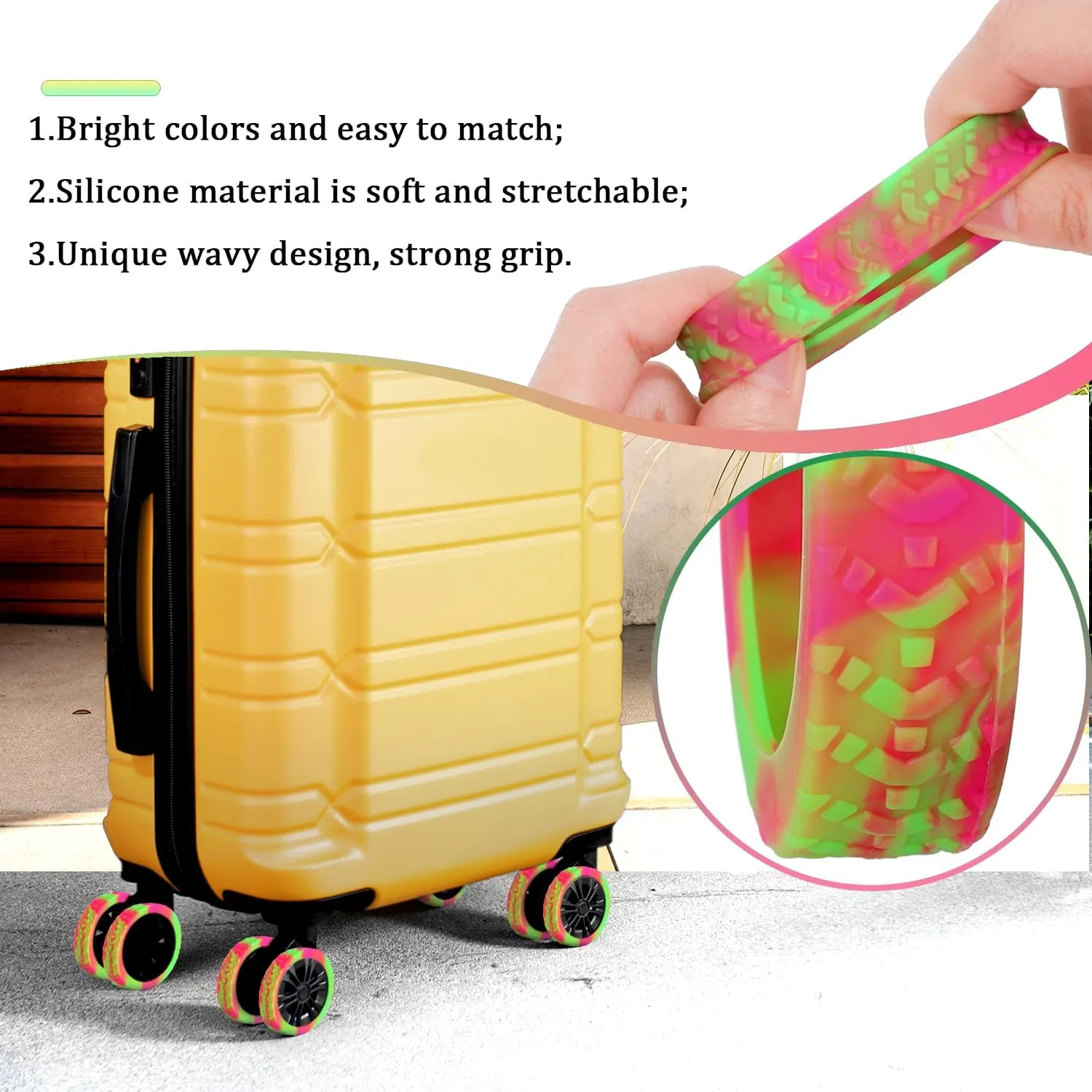 BOXOB 8pcs Luggage Wheel Covers, Thickened Suitcase Wheel Protector Covers Dopamine Silicone Luggage Spinner Wheel Covers Luggage Wheel Accessories for Most 8 Caster Luggage (Rose Red Green)