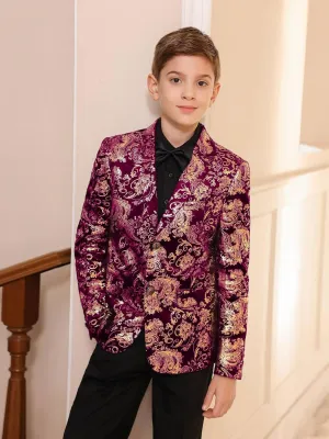 Boyland Boys Jacquard Suit Slim Fit Tuxedo Suits Jacquard Notch Lapel Tux Jacket Pants Party Formal Wear Purplish Red