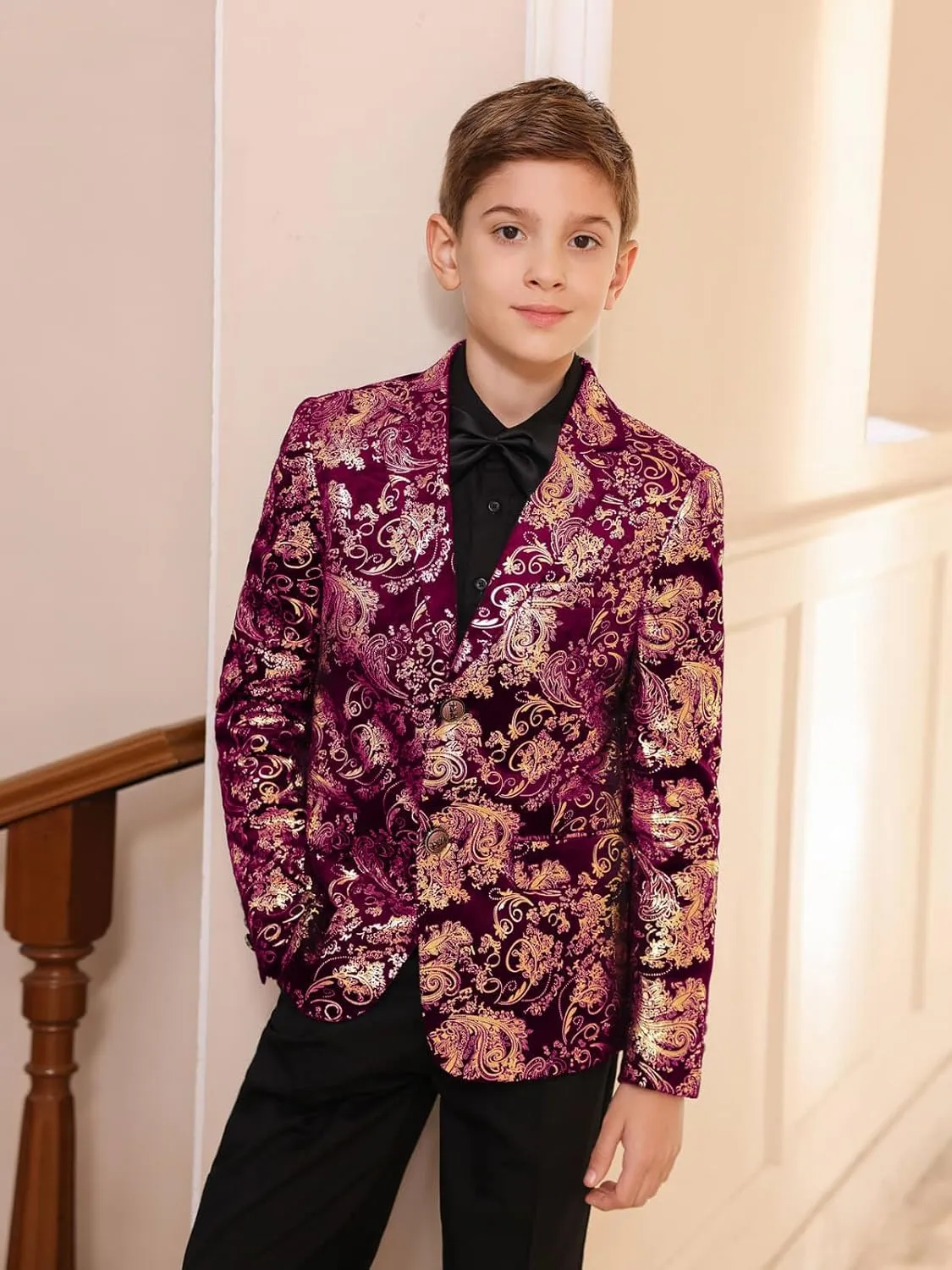 Boyland Boys Jacquard Suit Slim Fit Tuxedo Suits Jacquard Notch Lapel Tux Jacket Pants Party Formal Wear Purplish Red