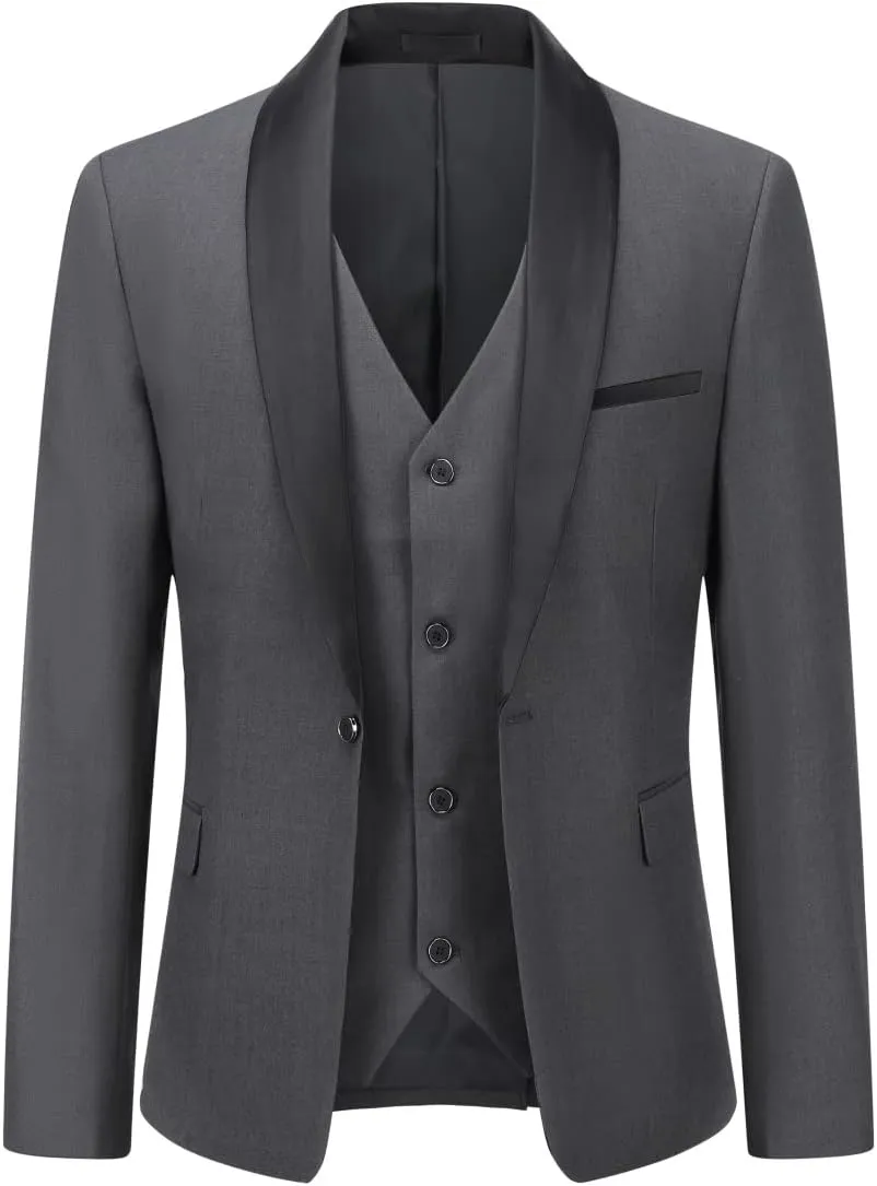 Boyland Men's 3 Pieces Suit with Shawl Collar 1 Button Slim Fit Single Breasted Formal Wedding Dinner Business