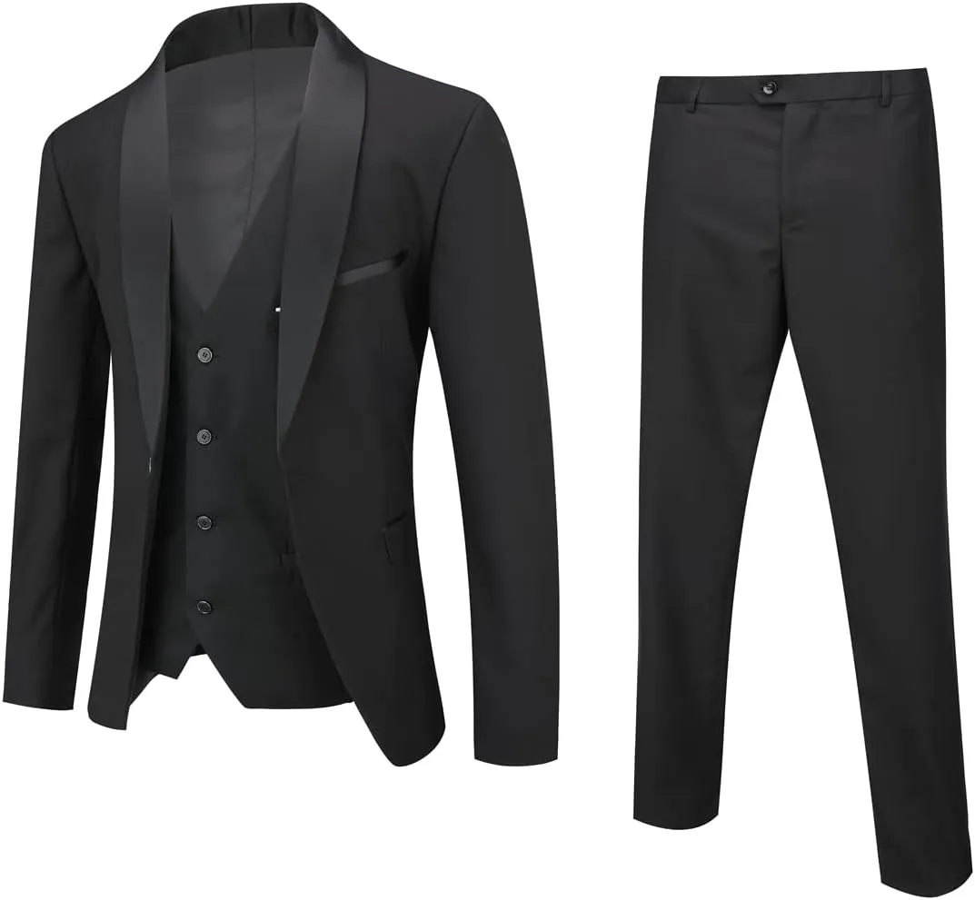 Boyland Men's 3 Pieces Suit with Shawl Collar 1 Button Slim Fit Single Breasted Formal Wedding Dinner Business