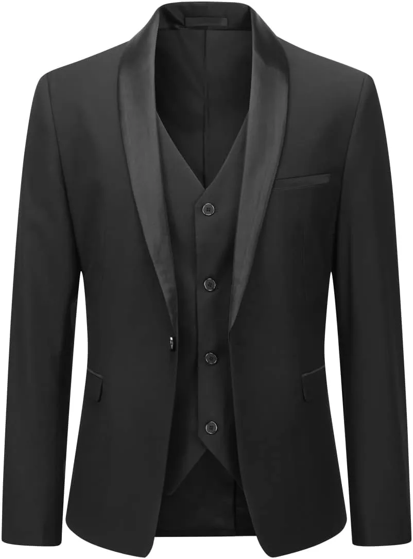 Boyland Men's 3 Pieces Suit with Shawl Collar 1 Button Slim Fit Single Breasted Formal Wedding Dinner Business
