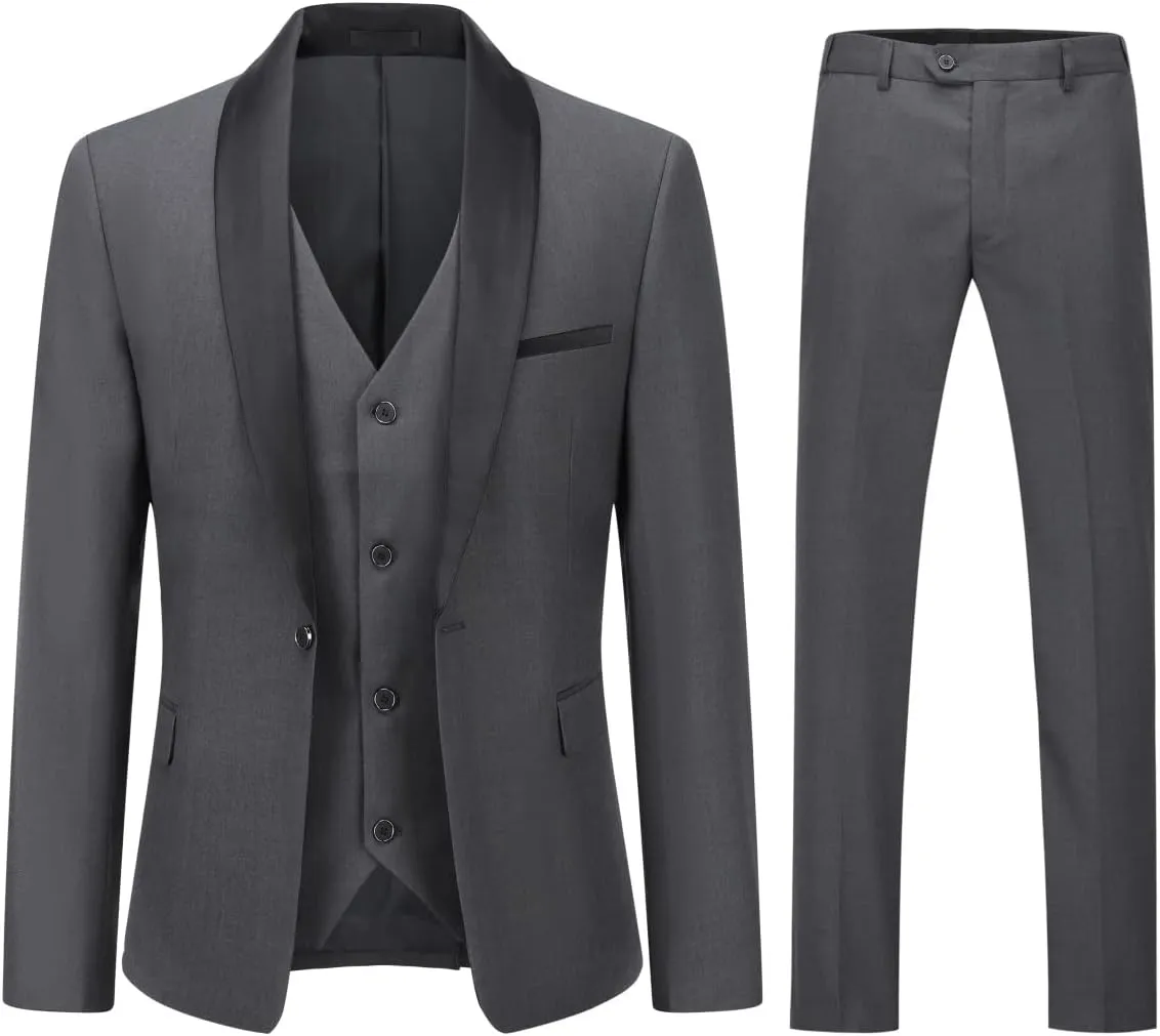 Boyland Men's 3 Pieces Suit with Shawl Collar 1 Button Slim Fit Single Breasted Formal Wedding Dinner Business