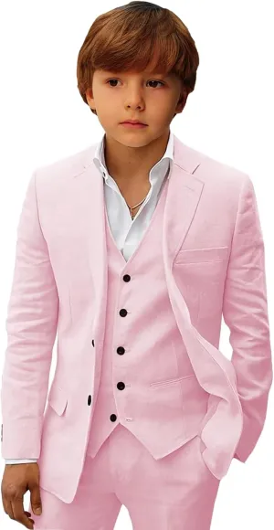 Boys Linen Suit Slim Fit Three Piece Summer Linen Suit for Boys Formal Wedding Outfit Jacket Vest Pant Set