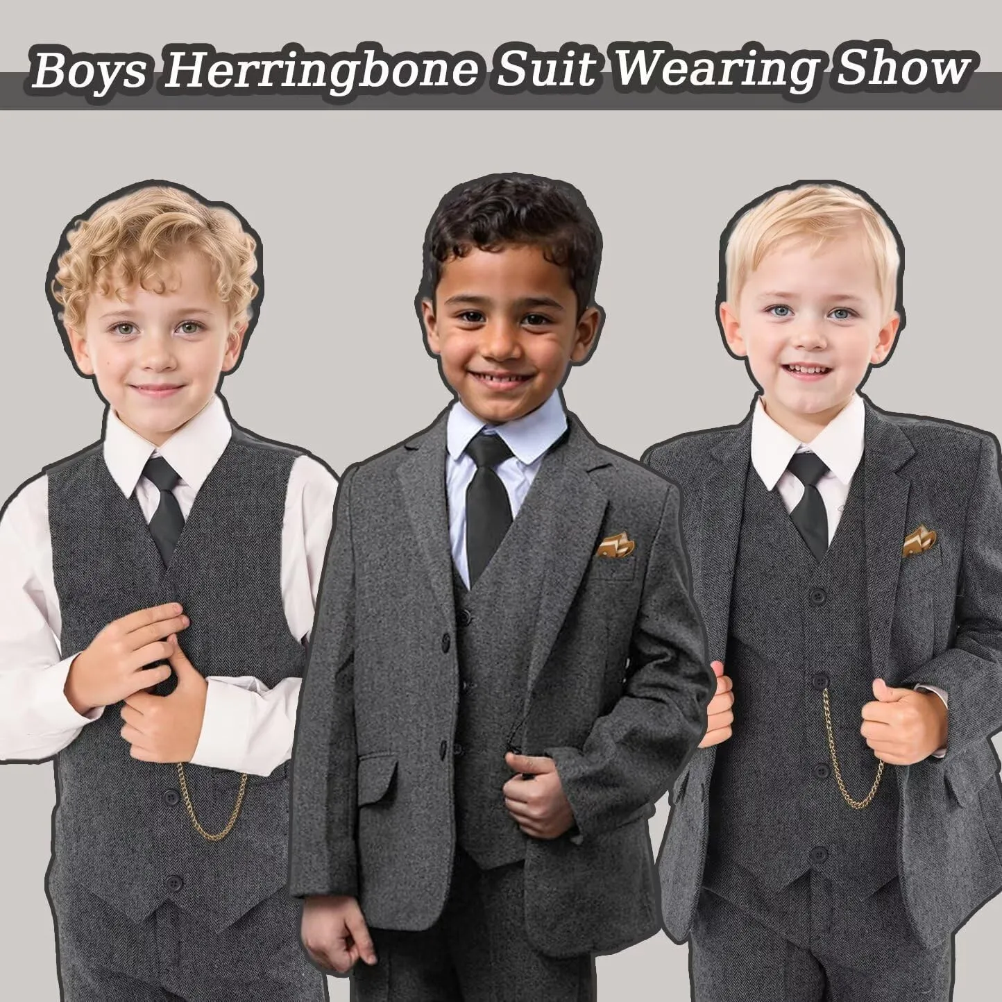 Boy's Suit Herringbone Tweed Blazer Slim Fit Kids Winter 1920s Retro Vintage Formal Wedding Prom Tuxedo Jacket Vest Pants Tie