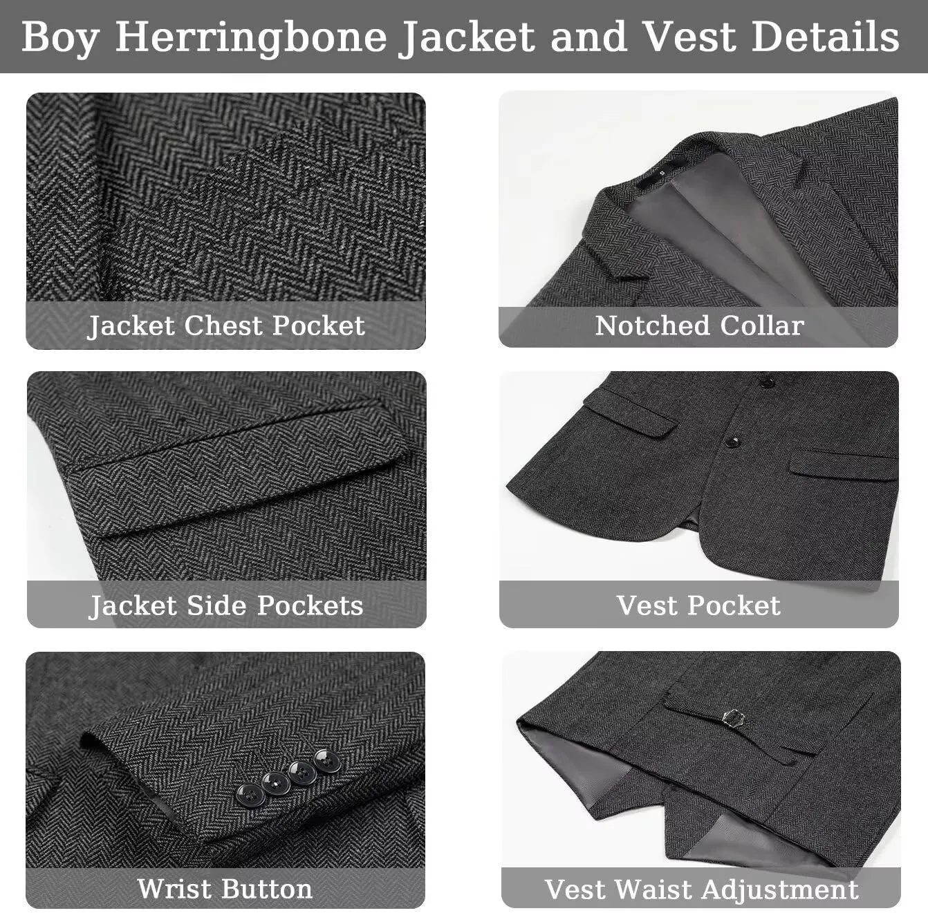 Boy's Suit Herringbone Tweed Blazer Slim Fit Kids Winter 1920s Retro Vintage Formal Wedding Prom Tuxedo Jacket Vest Pants Tie