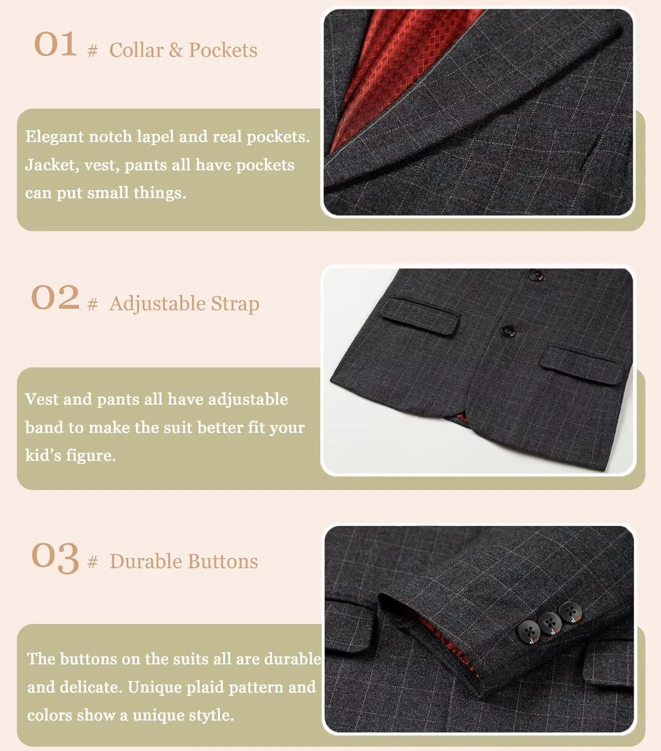 Boy's Suit Kids Plaid Suits for Boy Wedding Outfits Boys Plaid Blazer Vest Pants Ties Formal Suit Set