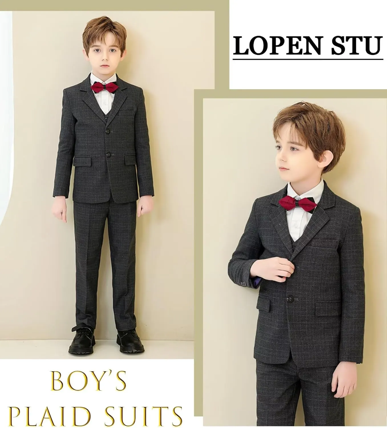 Boy's Suit Kids Plaid Suits for Boy Wedding Outfits Boys Plaid Blazer Vest Pants Ties Formal Suit Set