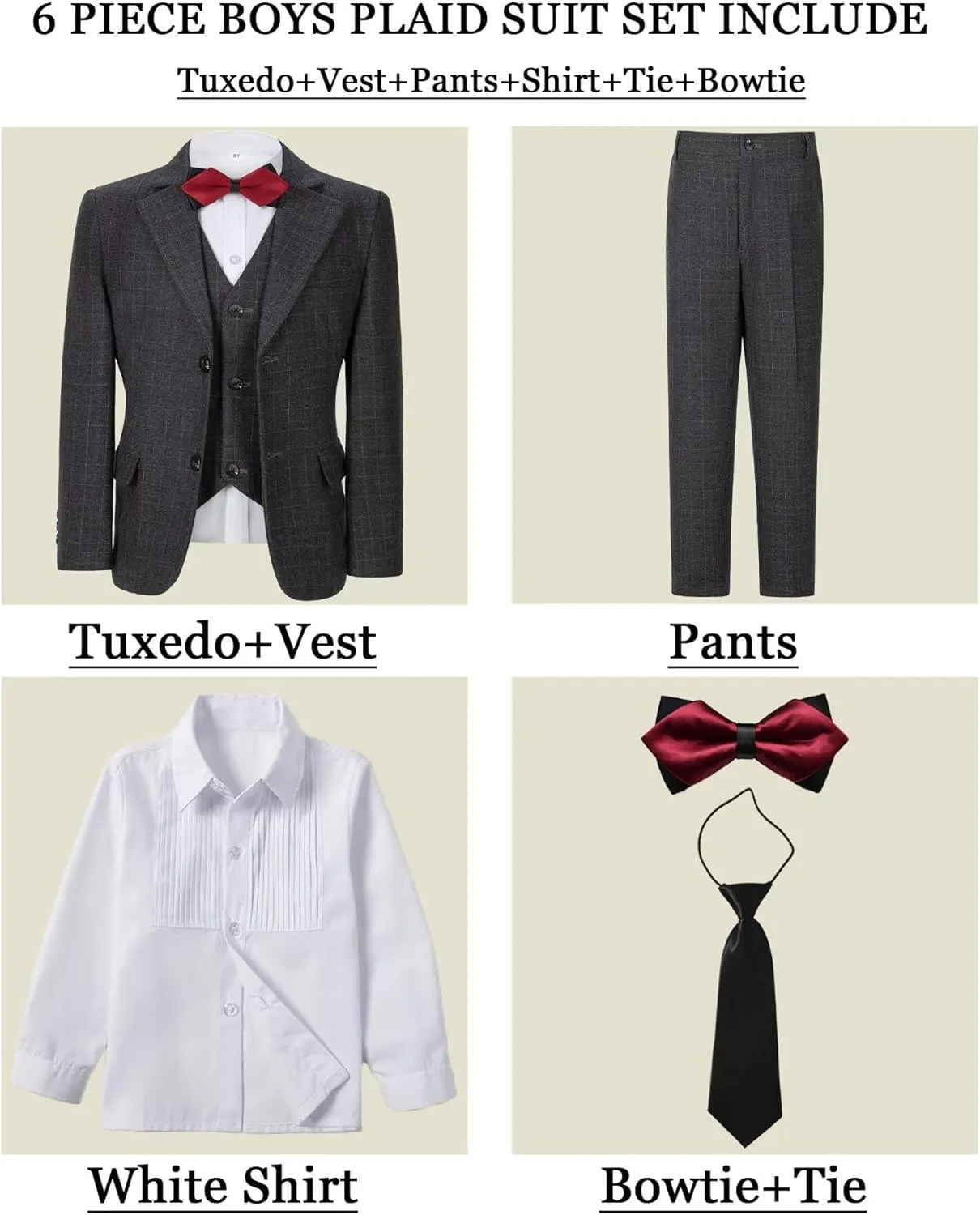 Boy's Suit Kids Plaid Suits for Boy Wedding Outfits Boys Plaid Blazer Vest Pants Ties Formal Suit Set