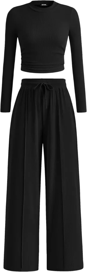 BTFBM Casual 2 Piece Sets For Women Spring Outfits 2025 Long Sleeve Crop Top Wide Leg Pants Summer Matching Lounge Set