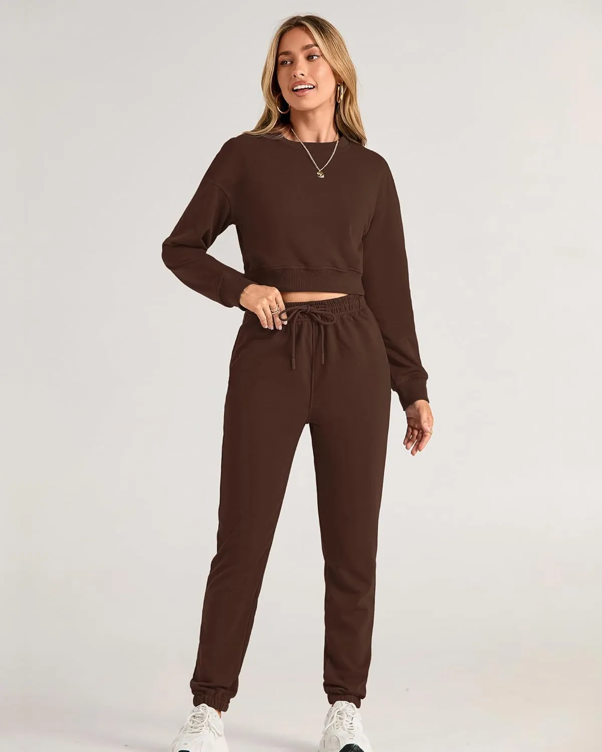BTFBM Women 2 Piece Outfits Long Sleeve Crop Top Pullover Drawstring Pant Jogger Set Casual Sweatsuits Tracksuit Pockets