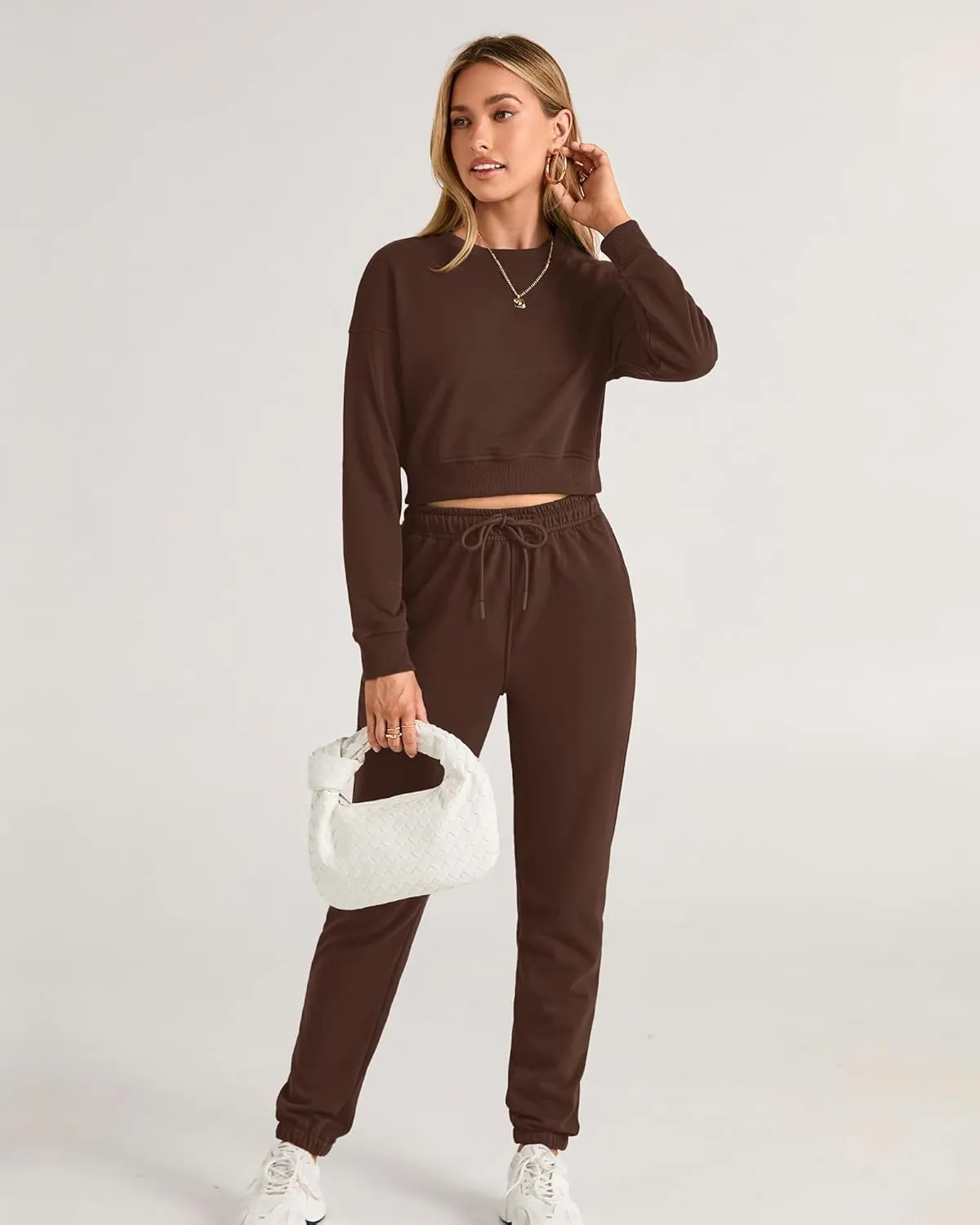 BTFBM Women 2 Piece Outfits Long Sleeve Crop Top Pullover Drawstring Pant Jogger Set Casual Sweatsuits Tracksuit Pockets